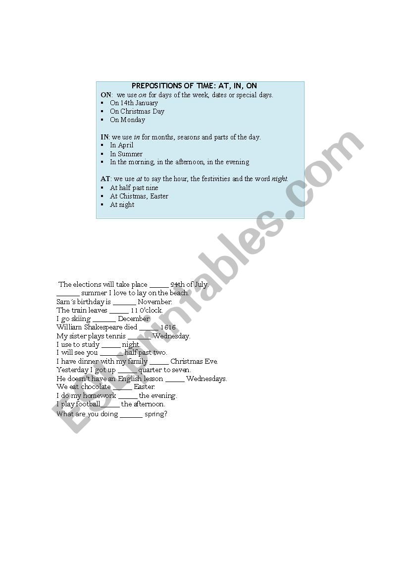 Preposition of time exercise worksheet