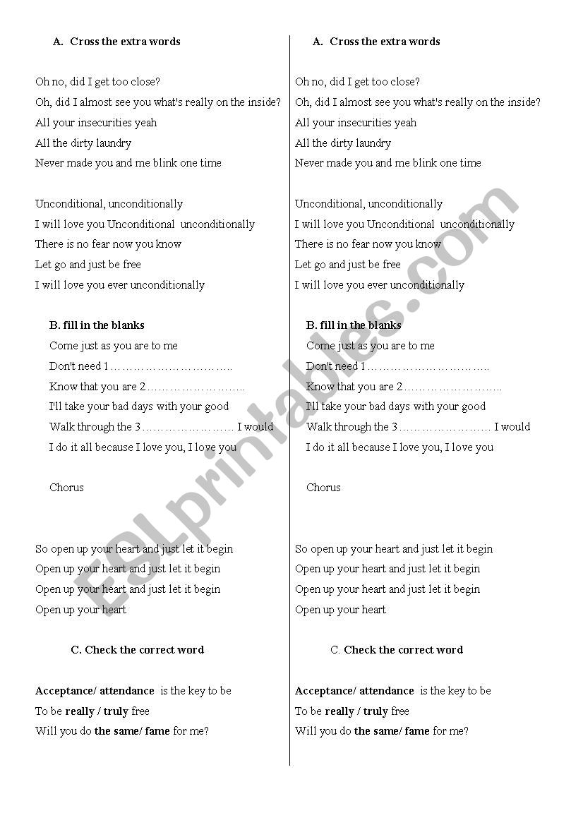 Katy Perry Unconditionally worksheet