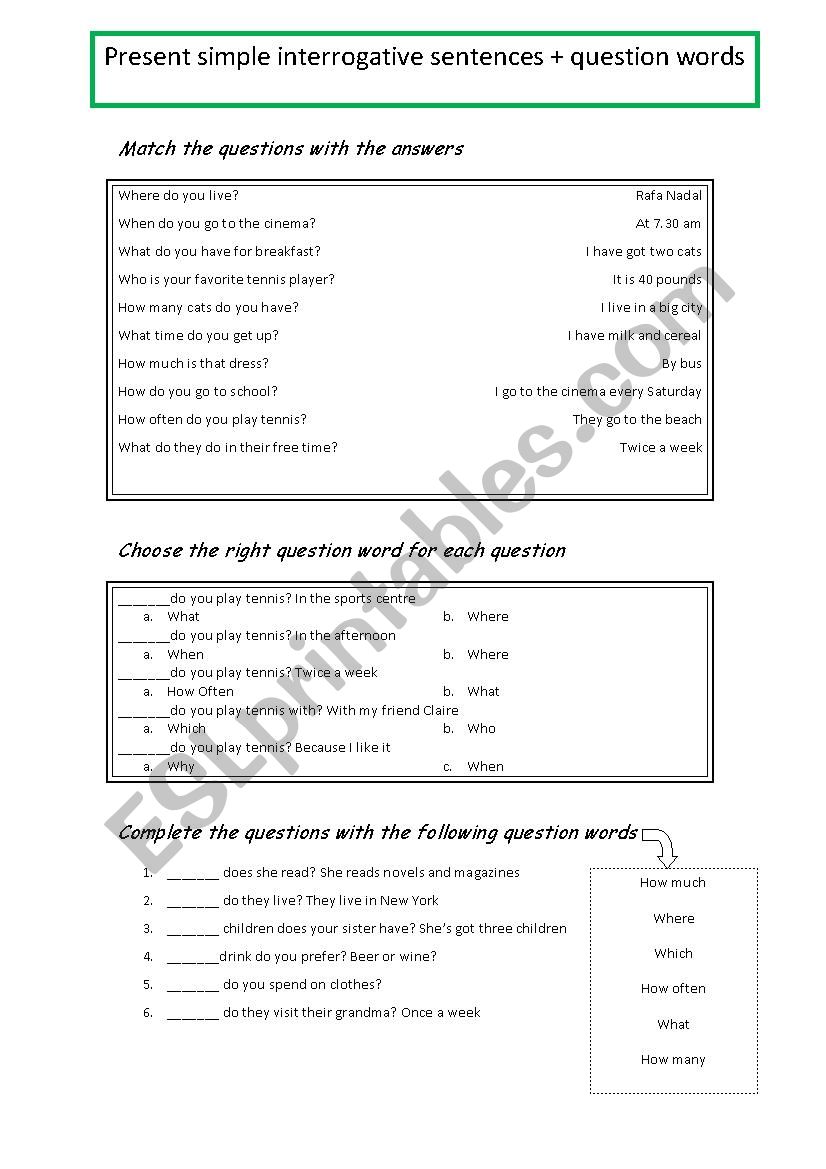 present simple interrogative sentences, question words