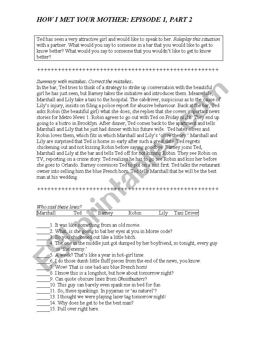 Worksheet 2 How I Met Your Mother Episode 1 (Pilot)