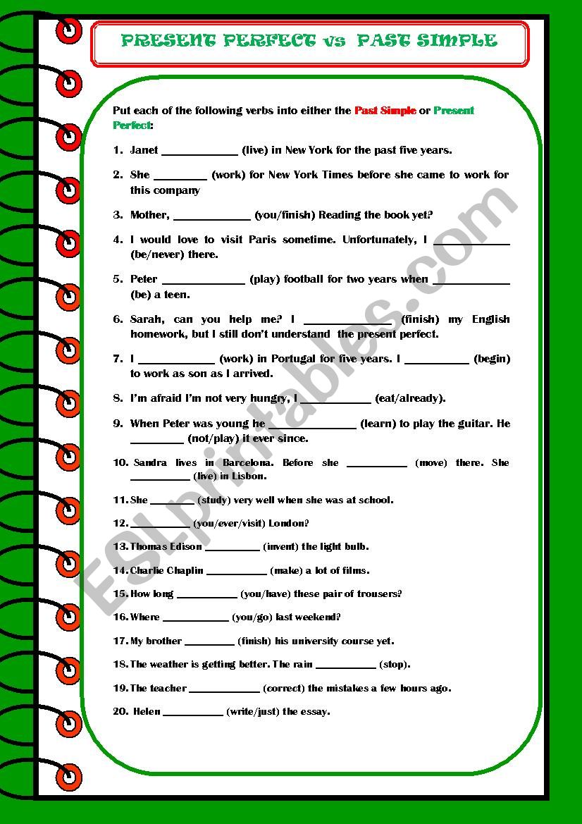 PRESENT PERFECT VS PAST SIMPLE EXERCISES ESL Worksheet By Ascincoquinas