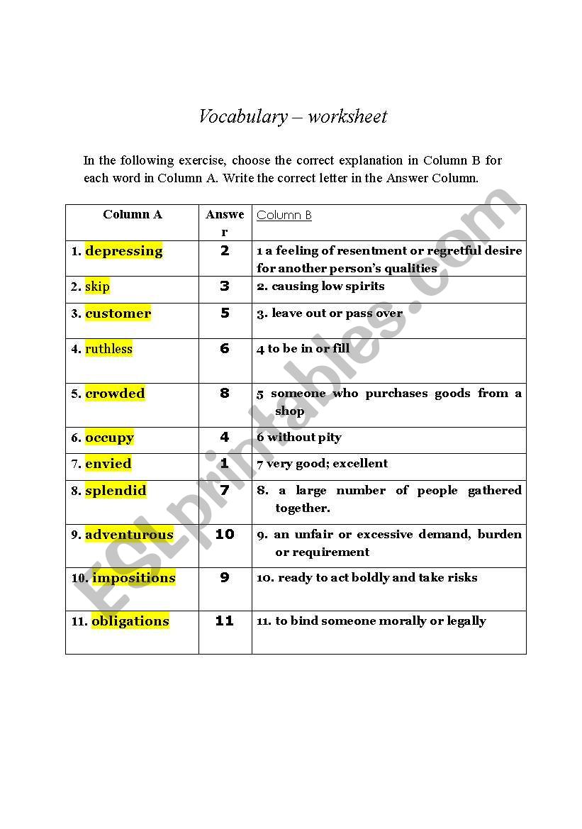 vocabulary worksheet