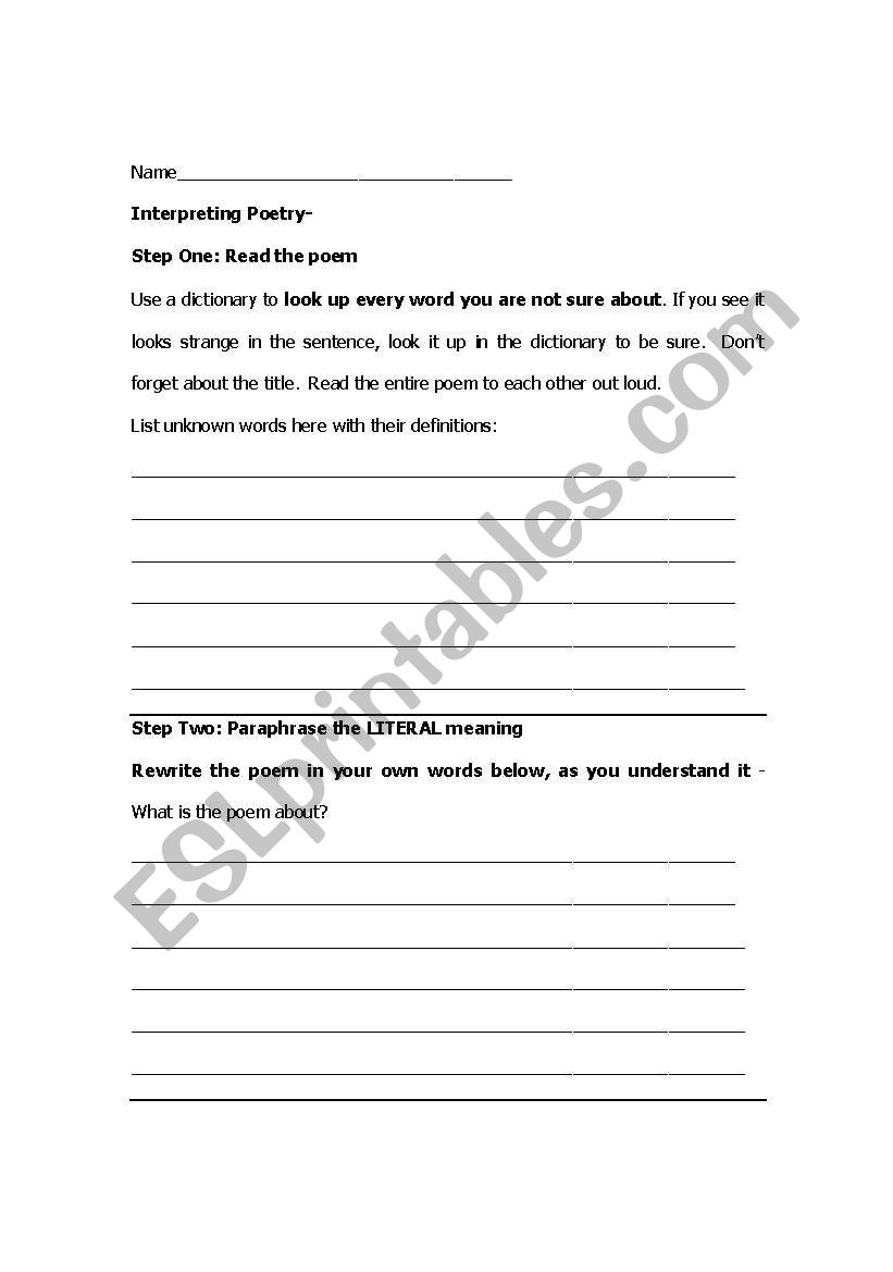 interpreting poetry worksheet