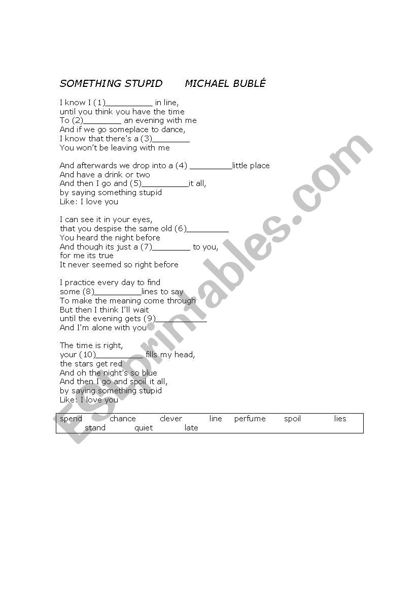 Something Stupid Gap Fill Michael Buble Song Esl Worksheet By Mattcrawford esl printables