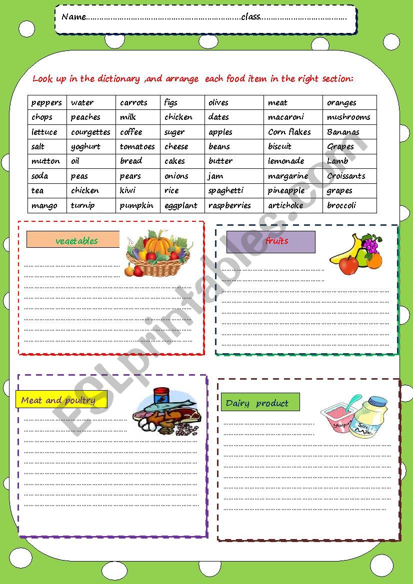 Classify Food Items ESL Worksheet By Wissal