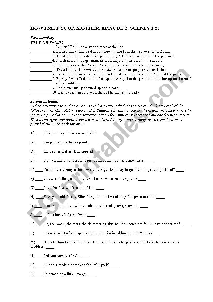 How I met your mother Episode 2 Worksheet 1 (Scenes 1 to 5)