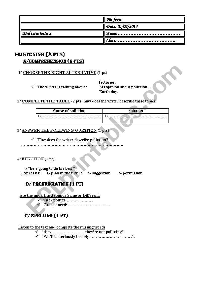 9th form test worksheet