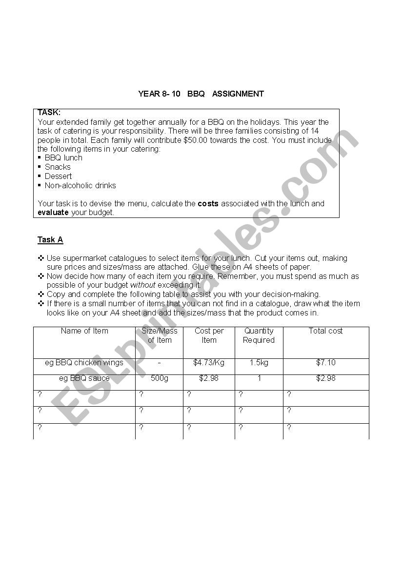 maths bbq assignment worksheet