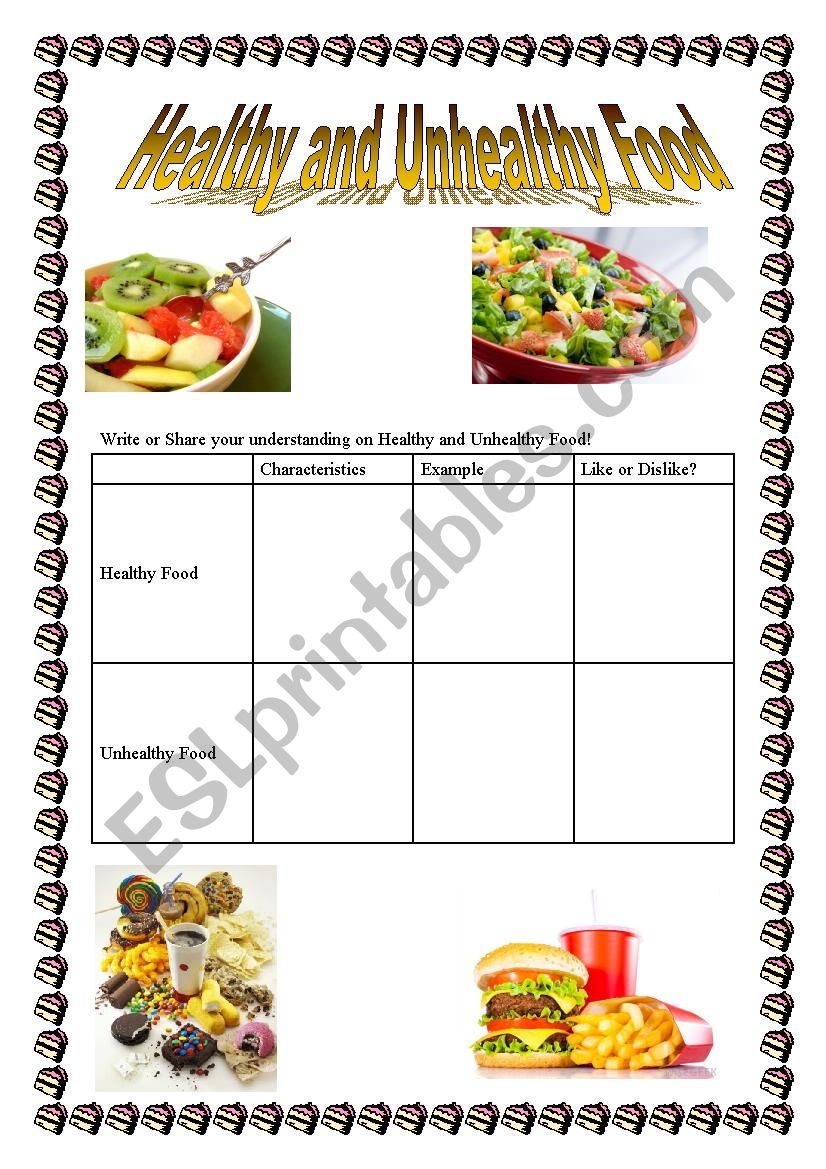 Healthy Food Vs Unhealthy Food - ESL worksheet by adesti