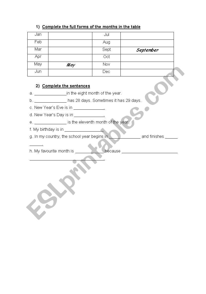 The months worksheet