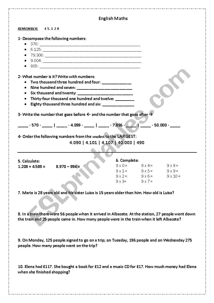 Maths lesson worksheet