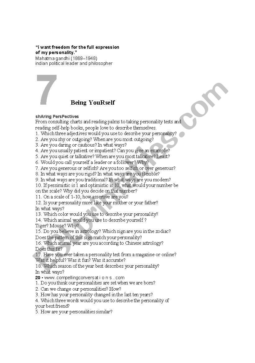 being yourself worksheet