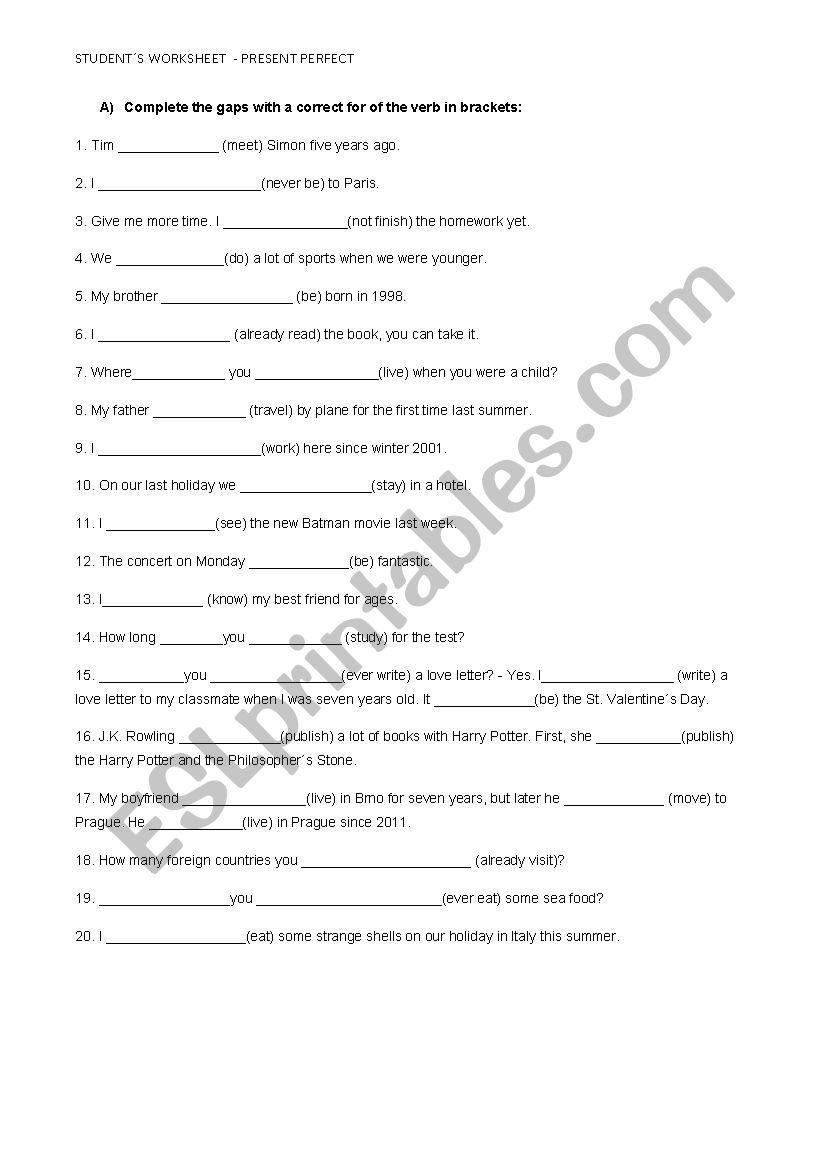 Present perfect  worksheet