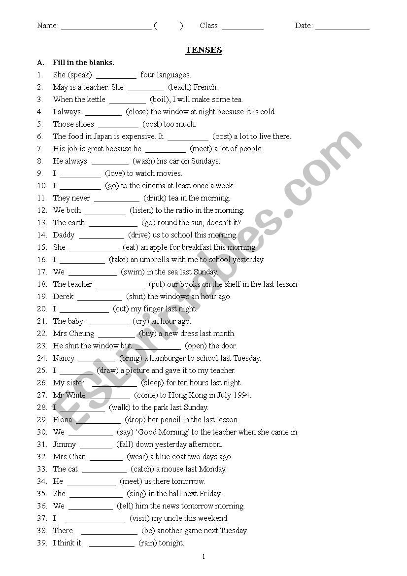Mixed Tenses Worksheet pdf