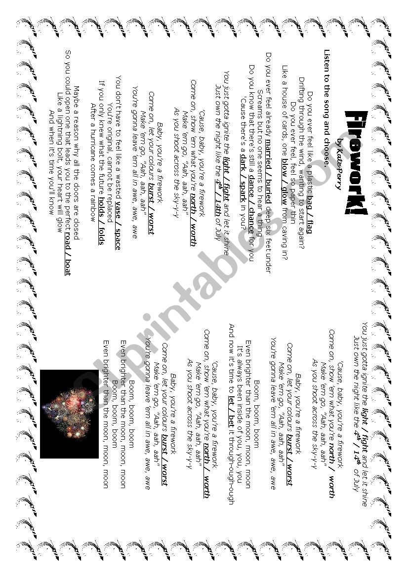 FIREWORK BY KATE PERRY worksheet