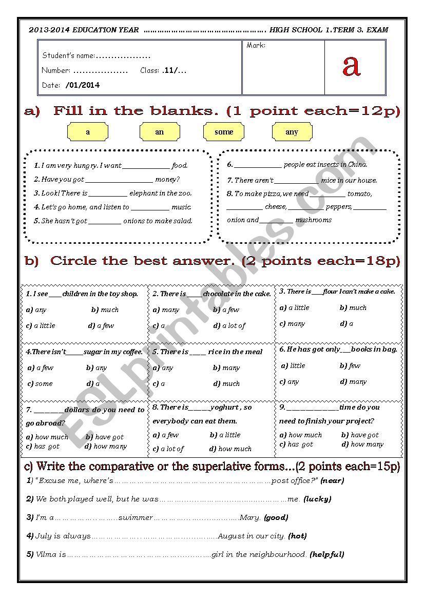 exam worksheet