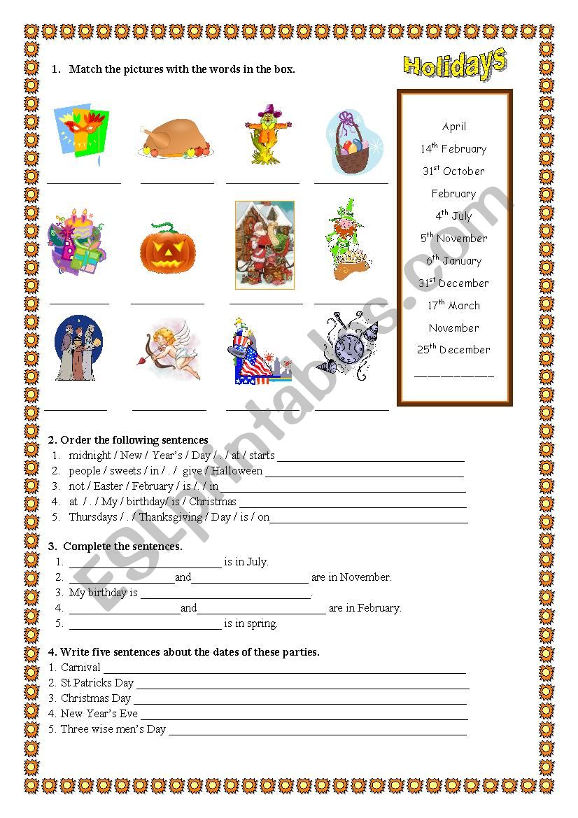 Holidays worksheet