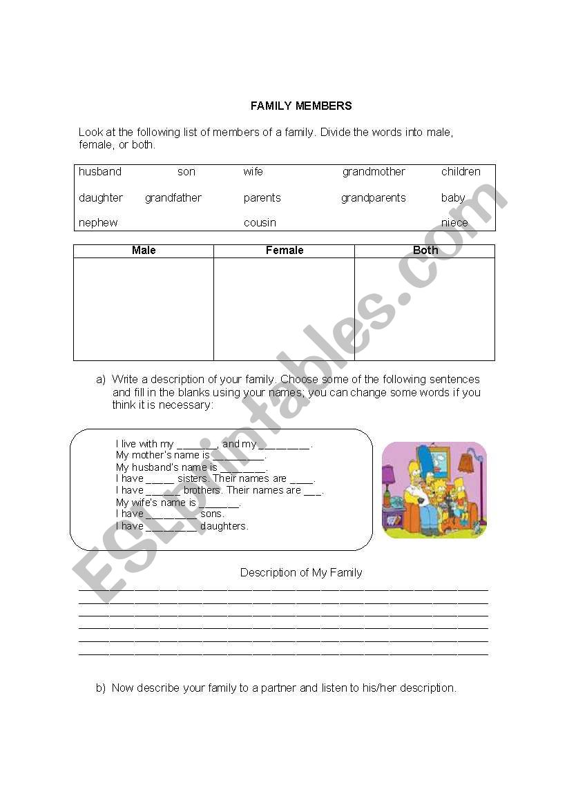 Family members worksheet