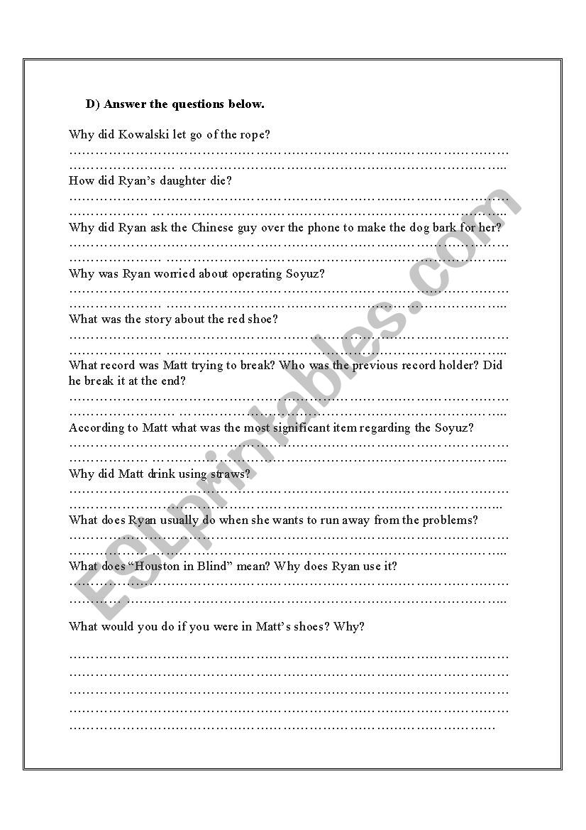 Gravity 2013 Movie Worksheet Esl Worksheet By Stealthglance