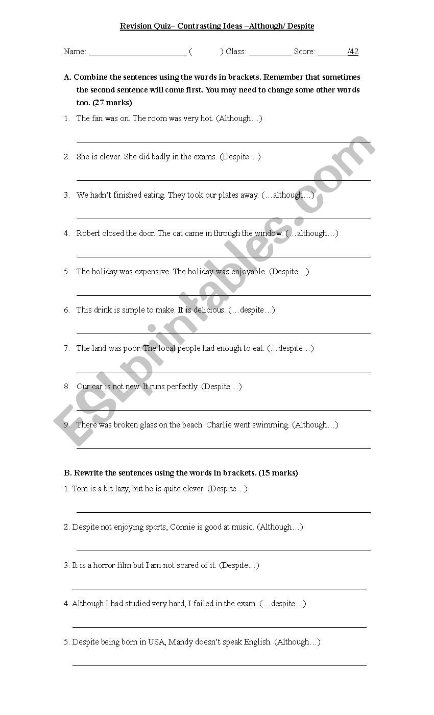 Contrasting Ideas (Linkers of contrast) –Although/ Despite - ESL ...