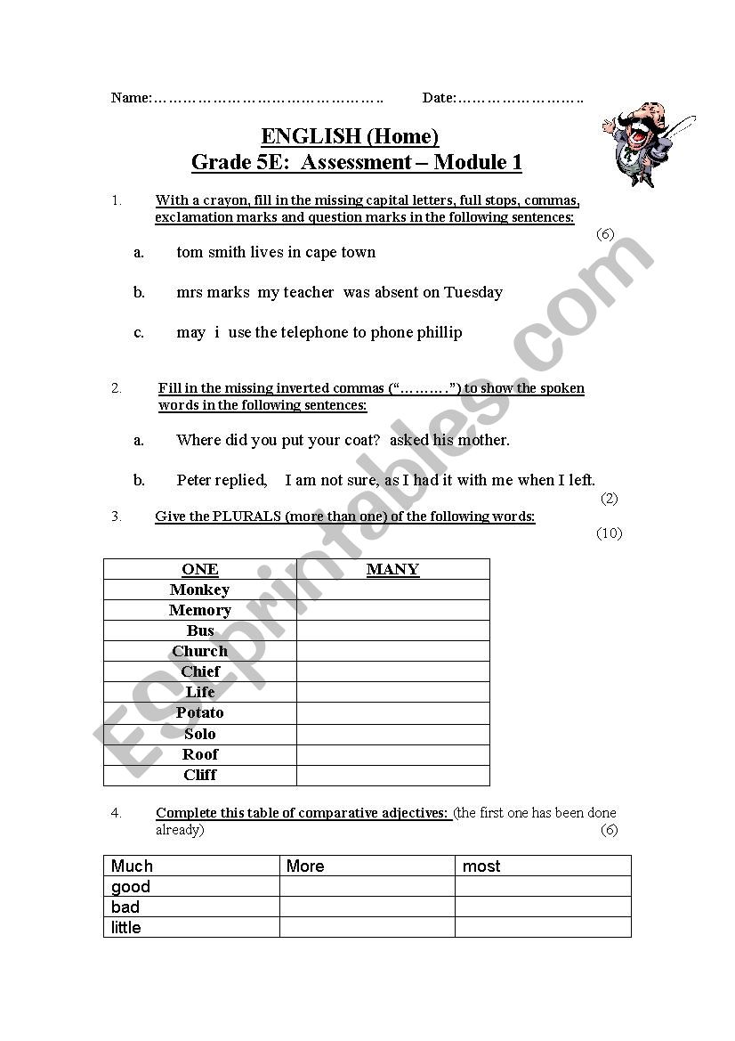 Grammar test grade 5 worksheet