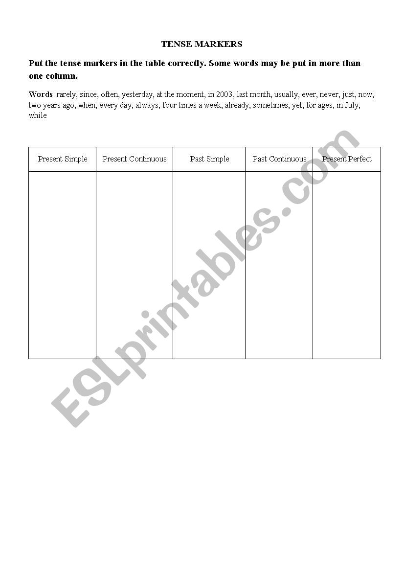 Tense markers table worksheet