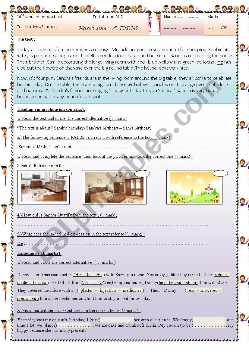 7th Form End Of Term Test N°2 Esl Worksheet By Moemendhia 7526