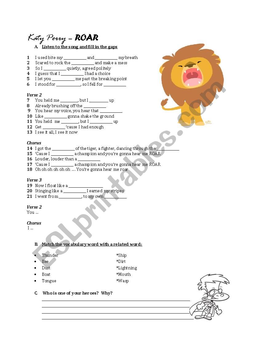 Katy Perry - Roar - Song Based Exerc…: English ESL worksheets pdf & doc