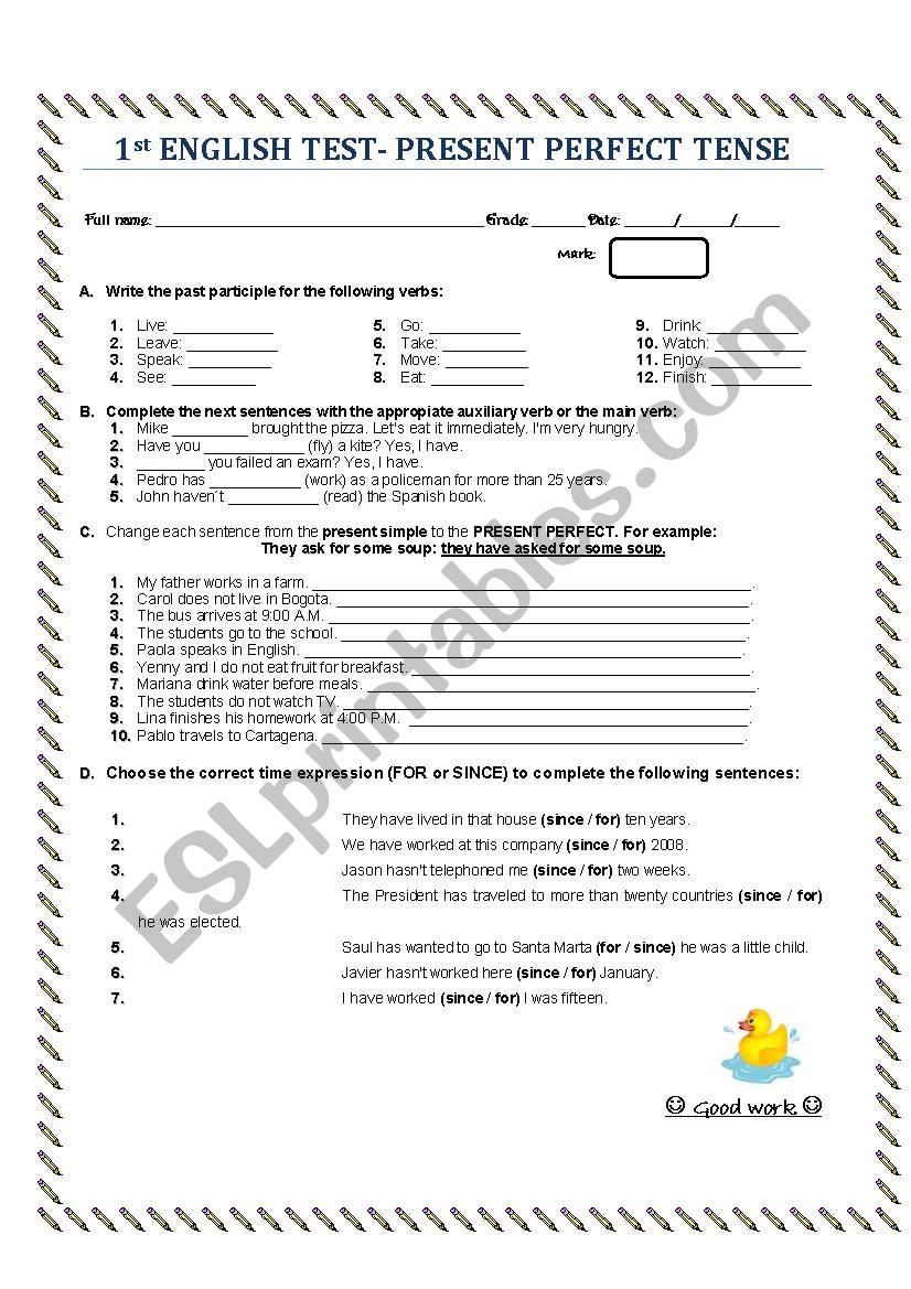 Present Perfect Tense Worksheet pdf