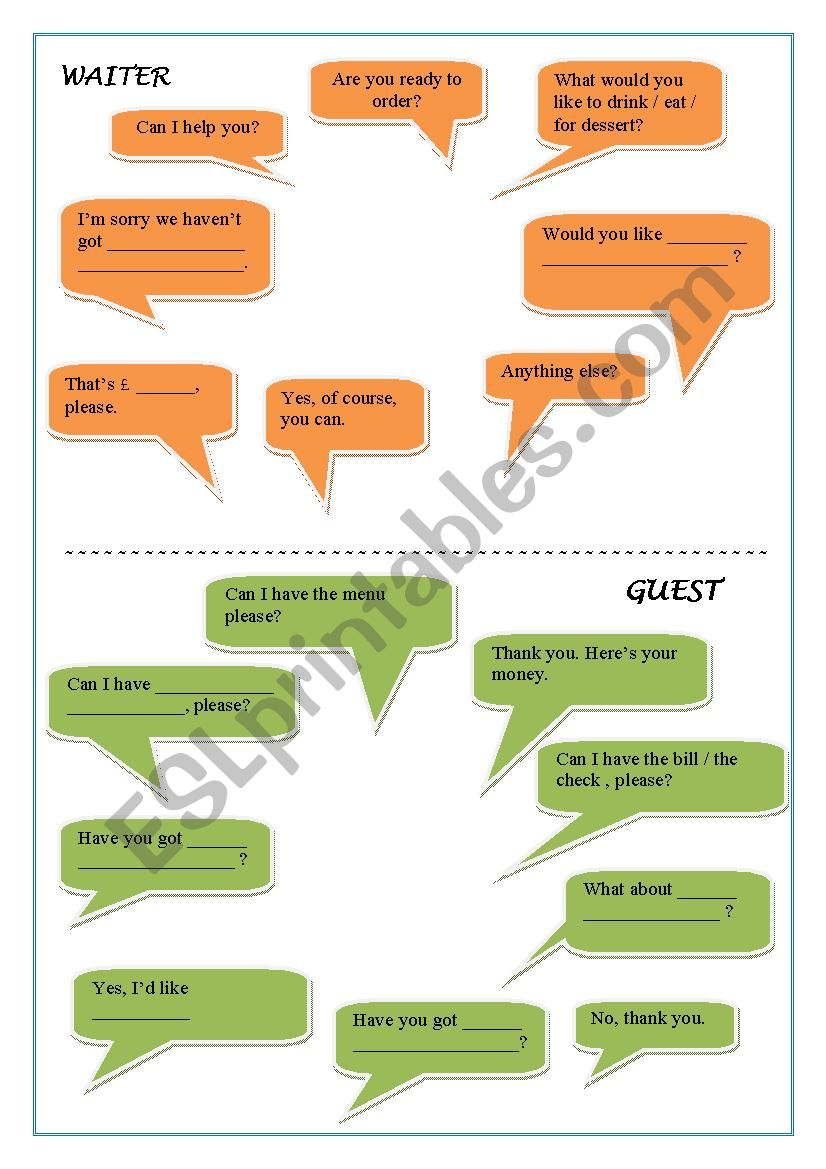 phrases; at the restaurant worksheet