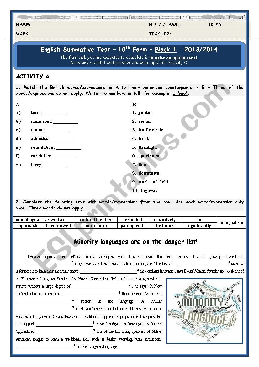 Languages worksheet