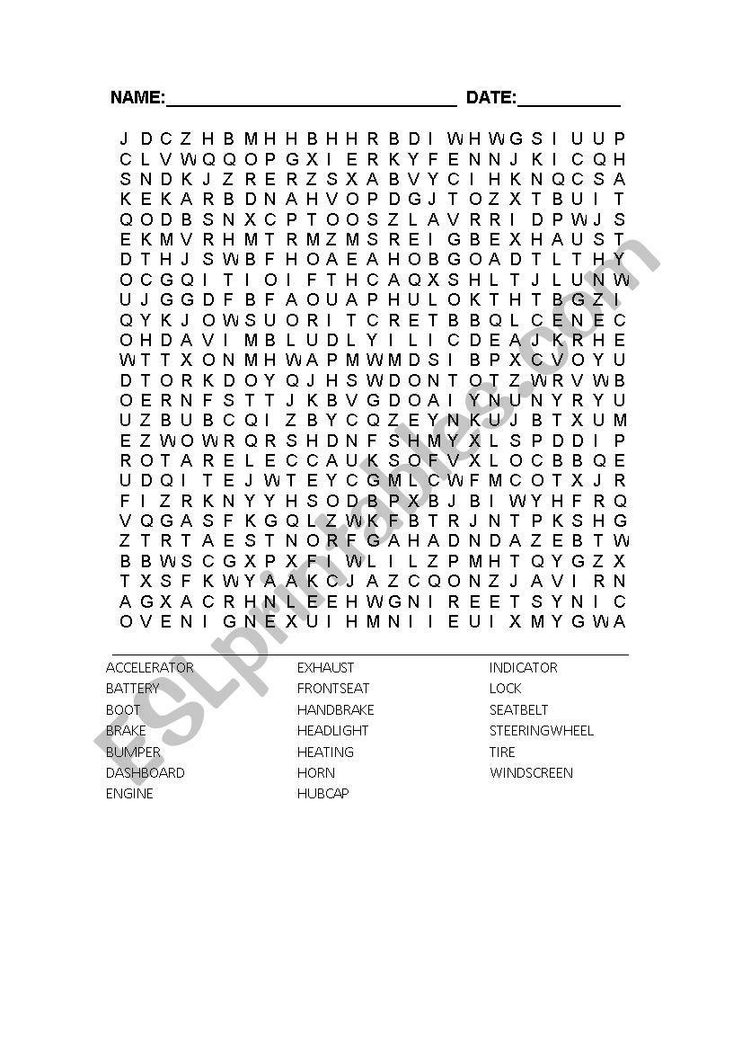 Wordsearch car parts worksheet