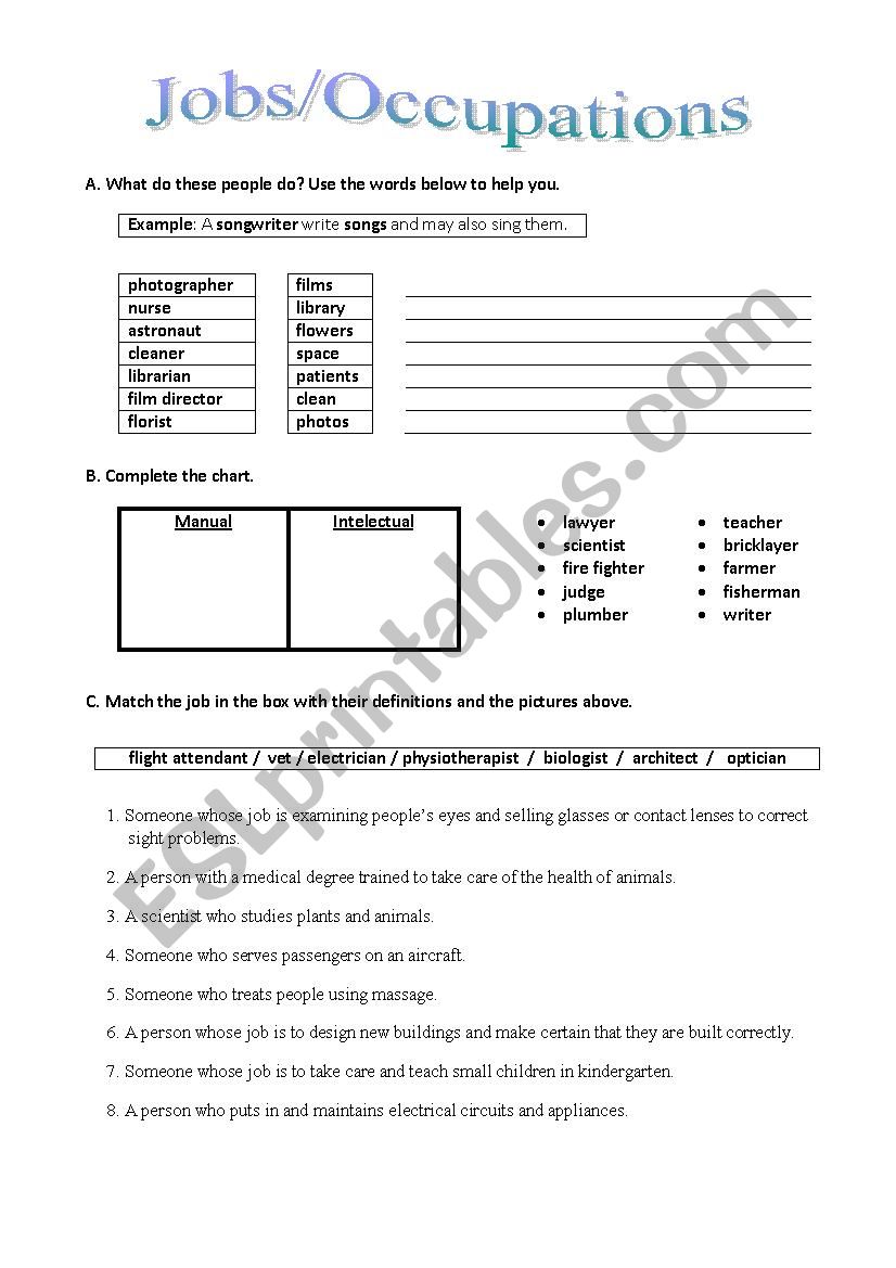 Jobs/occupations worksheet