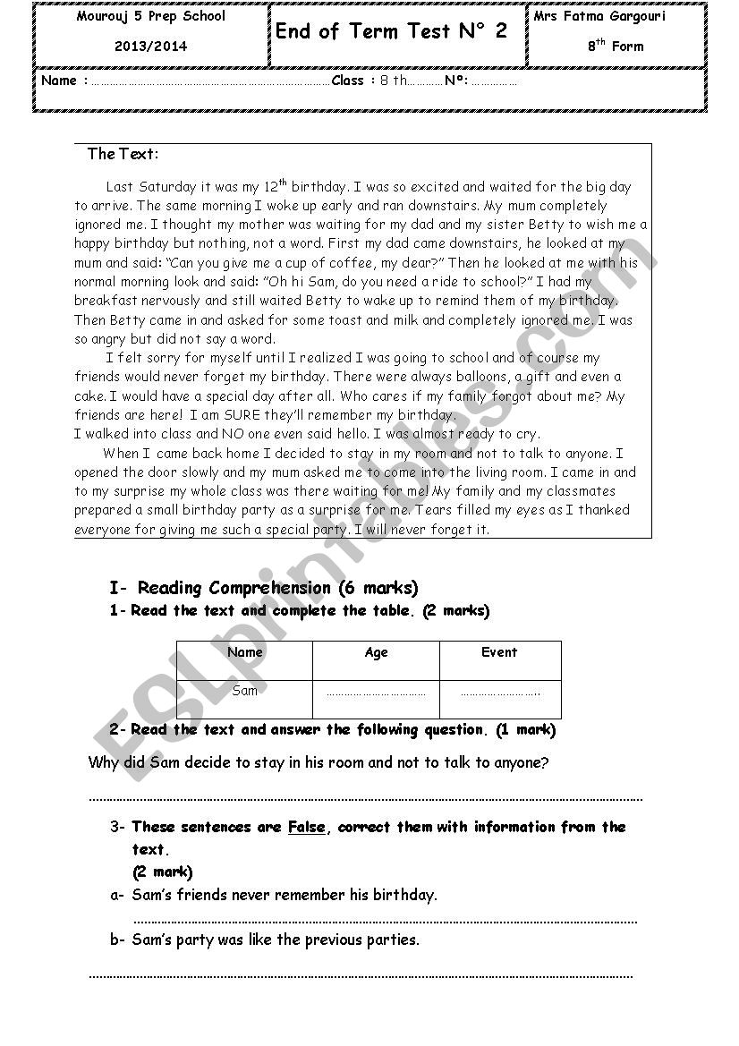 End Of Term Test N°2 (8th form) - ESL worksheet by Fatma Gargouri