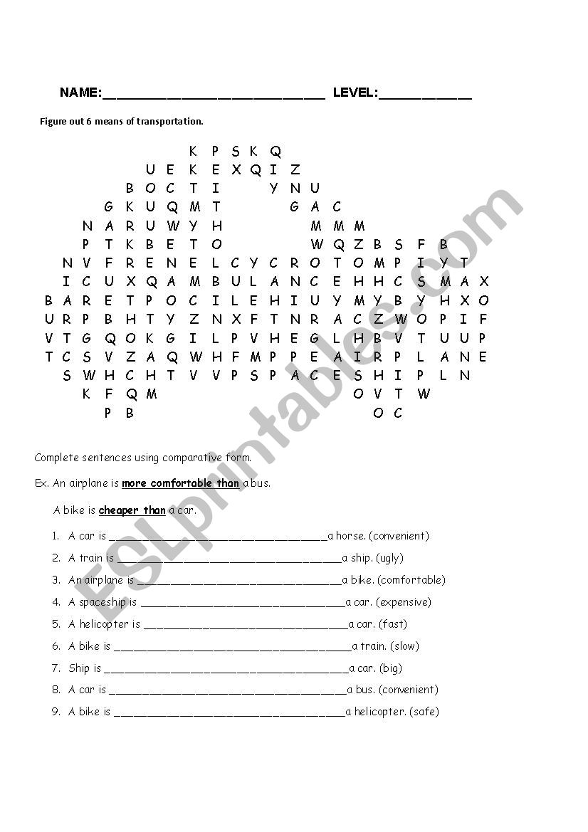 transportation worksheet