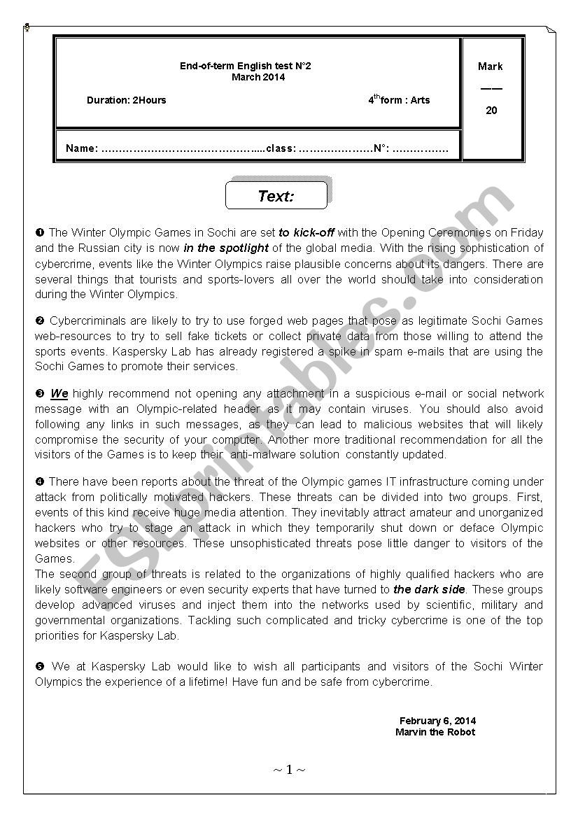 End-of -Term Test N°2 for Bac Students - ESL worksheet by youda