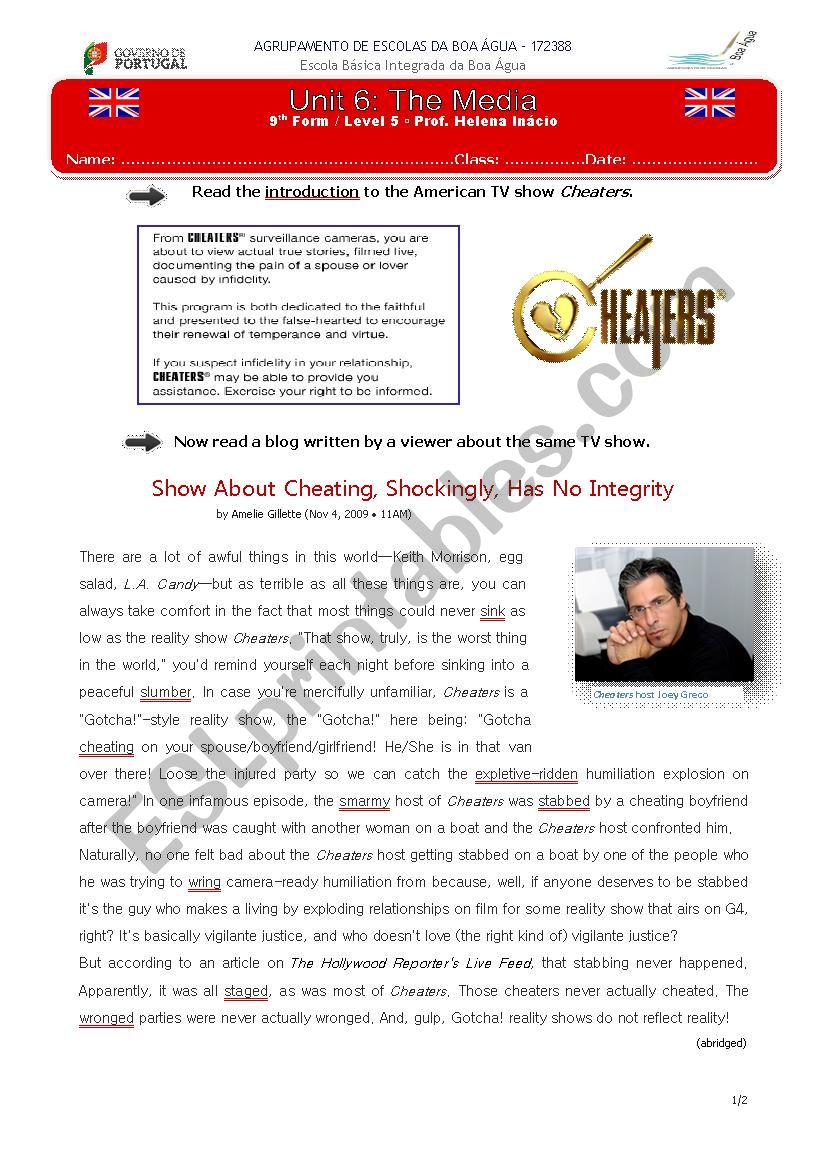 TV Show Cheaters worksheet