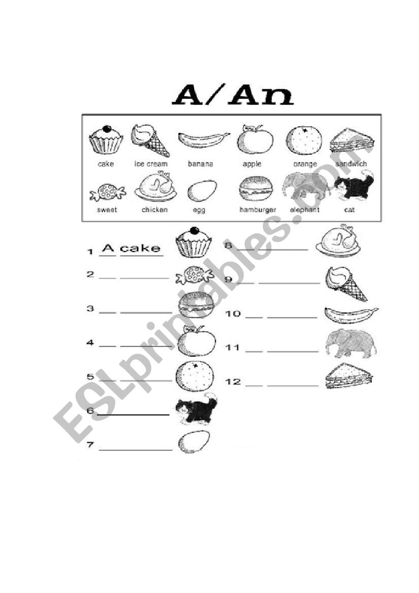 ARTICLES A -AN worksheet