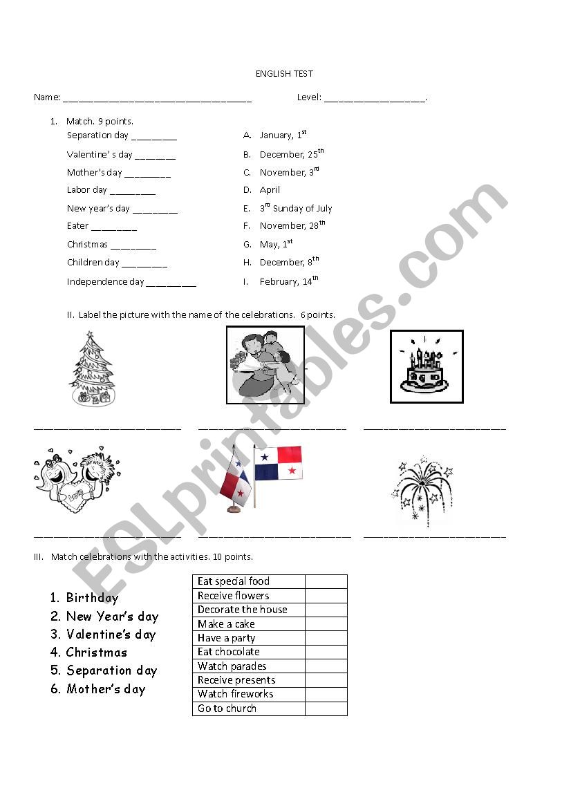 celebrations worksheet