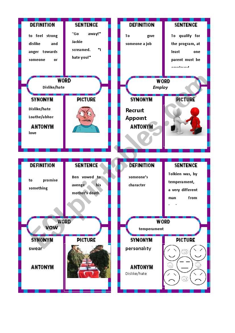 vsual cards worksheet