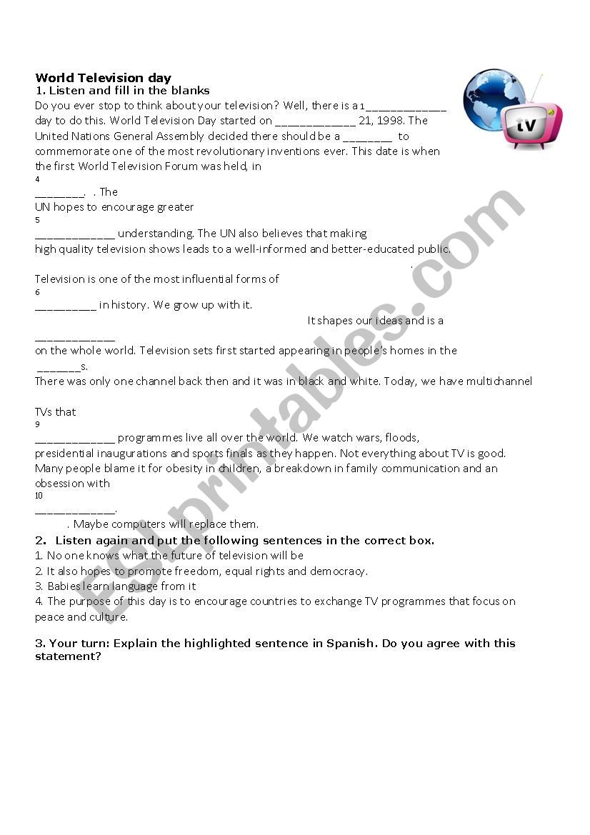 word television day worksheet