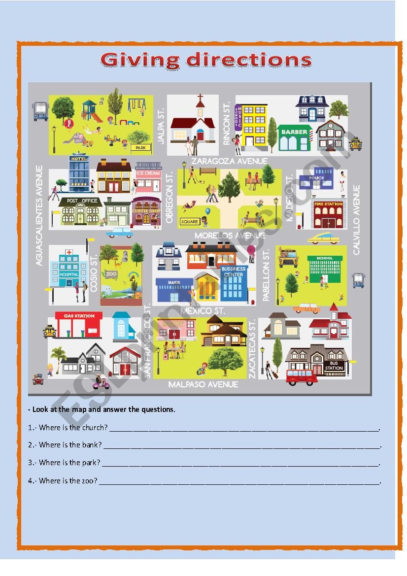 Directions in the City Worksheet / Worksheet - ESL Directions Activities