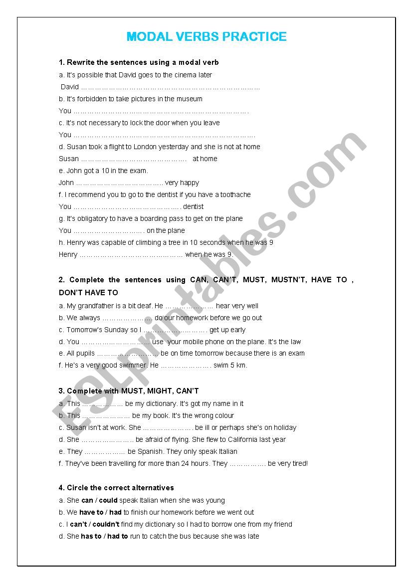 Modal verbs worksheet