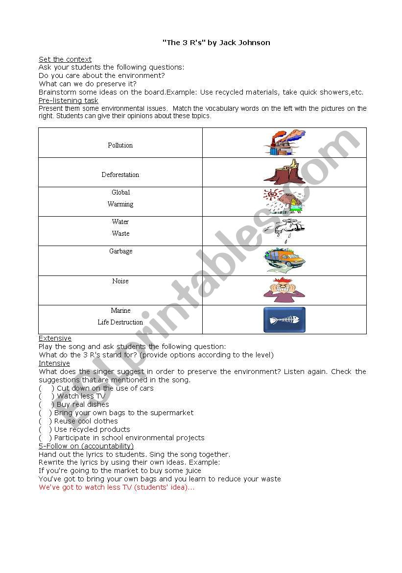 The 3Rs song activity worksheet