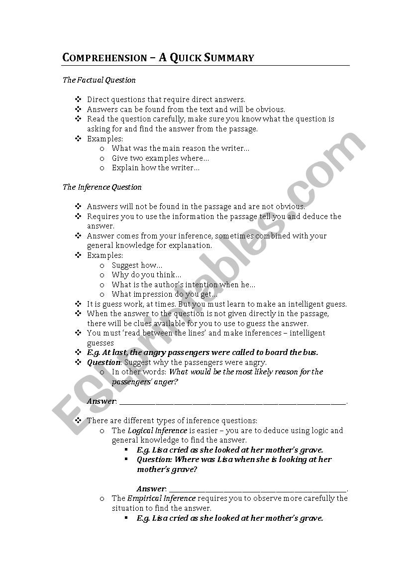 Comprehension Question Types worksheet