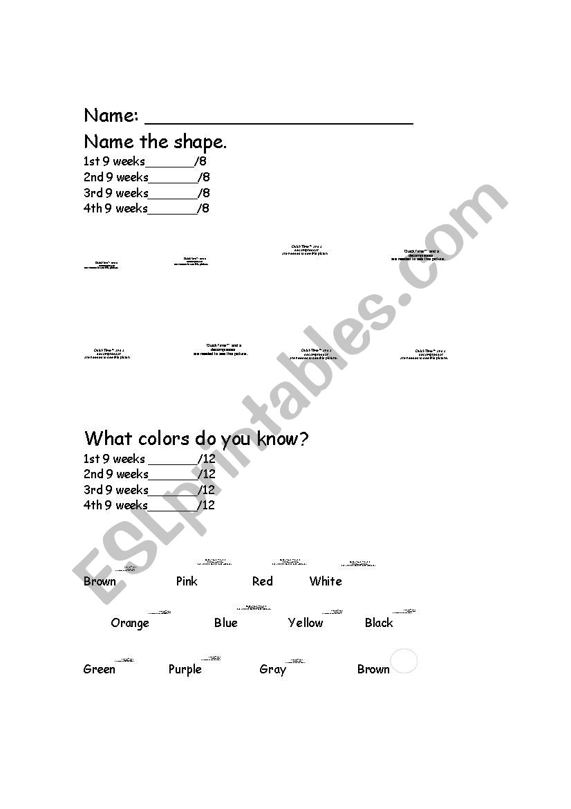 Colors and Shapes Assessment worksheet