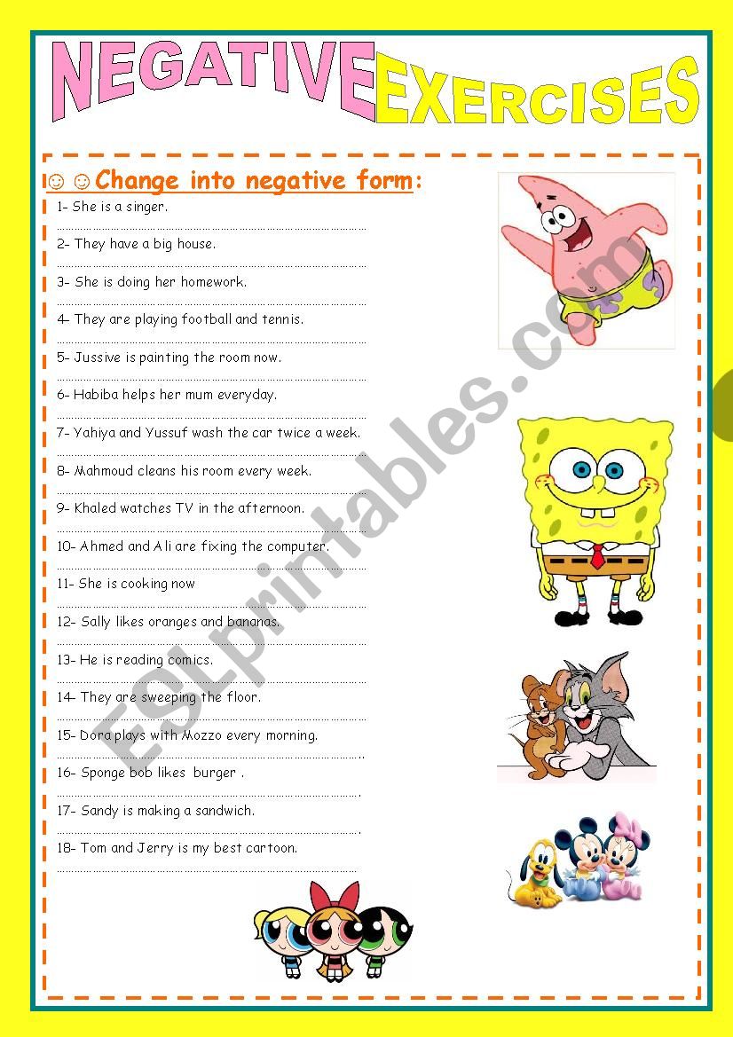 PRESENT SIMPLE NEGATIVE EXERCISES ESL Worksheet By Sajida44