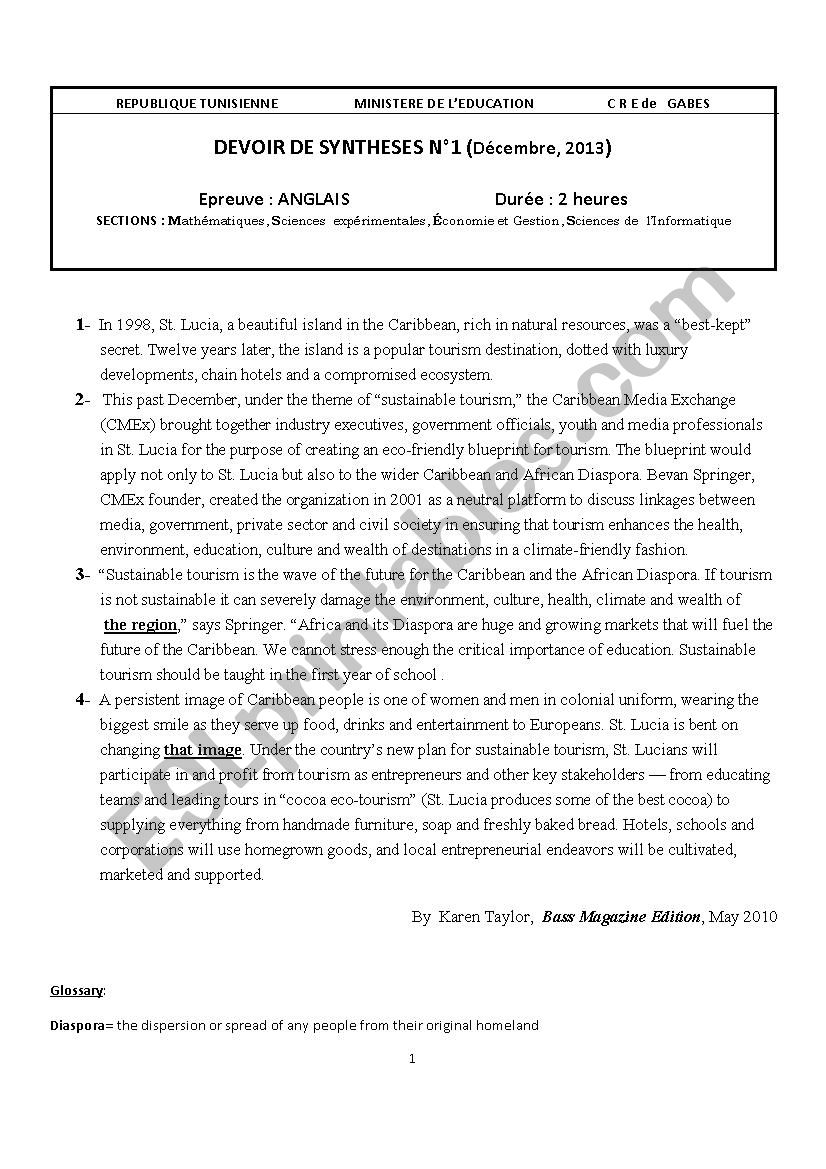 Tunisien Bac  exam   worksheet