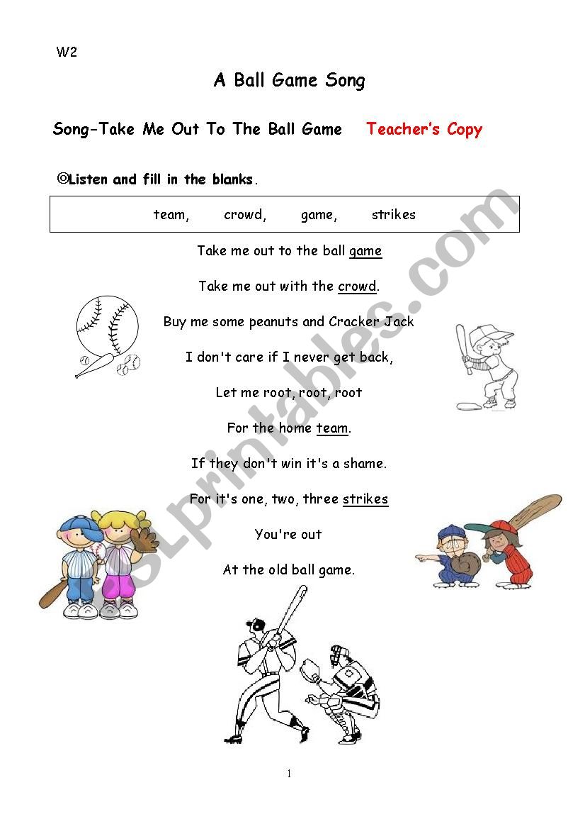 a ball game song worksheet