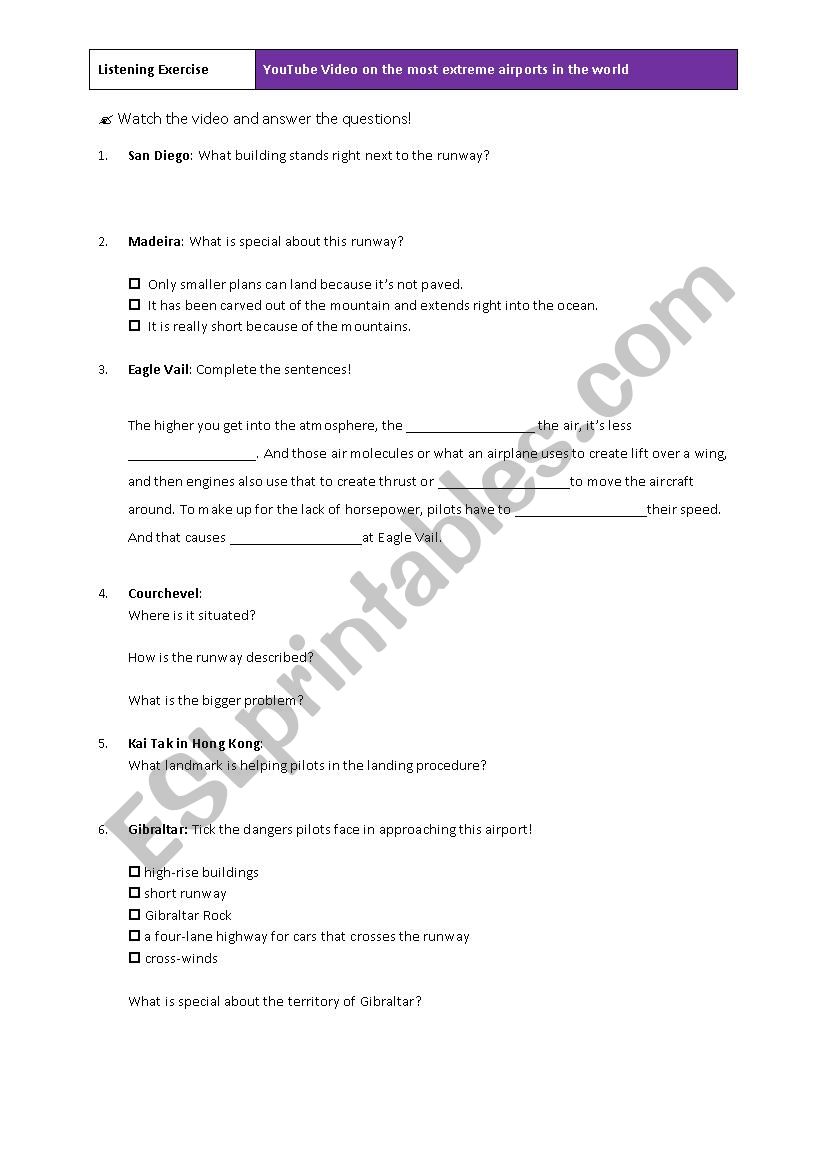 Most extreme airports worksheet